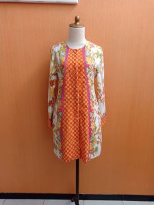 mini midi dress wanita orangs putih batik M cewek lengan panjang tekstur MEWAH kancing hidup depan