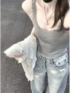 YUEZHONGWEI | French Lace Trim Grey Rhinestone Strap Vest Women Summer Outdoor Wear Slimming Short Sleeveless Inner Match Top For Girls