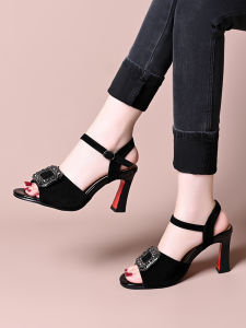 Comfortable Thick Heel Womens Sandals Summer New Style Elegant Fashion Hollow out Sheep Suede High Heels Casual Style Sandals