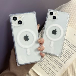 CrashStar MagSafe Square Straight Edge Transparent Clear Hard Phone Case For iPhone 15 14 Pro Max Plus 13 12 Pro Max Wireless Charging Phone Casing Simple Shockproof Phone Cover