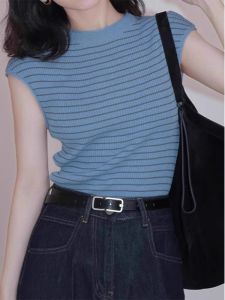 Ice Silk Color Block Stripe Short Sleeve Knitted Summer Top Women French Vintage round Neck Thin Slimming Elegance Blouse