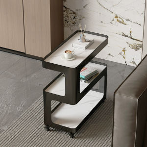 Cream Style Iron Rock Panel Side Table With Wheels
