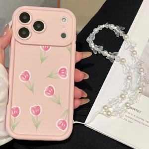 Pink Tulip Flowers Pattern With Lanyard Phone Case For iPhone 16 17 15 14 13 12 11 Pro Max 16E 17Air X XR XS 7 8 Plus Cover