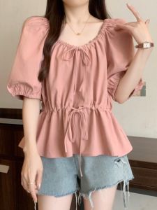 Pink Bubble Short Sleeve Chiffon Shirt Women Summer Fashion plus Size Slimming Waist Cinching Tummy Covering Age Defying Base Top