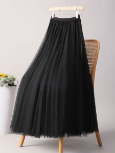 Elegant A-Line Midi Skirt for Women Mesh Fairy Tale Style High Waist Slimming Spring Summer Fashion Polyester Long Skirt