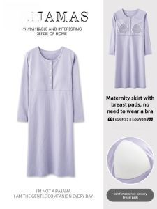 Plandoo Nursing Sleep Dress Pure Cotton with Chest Pad Spring Autumn Maternity Nightgown Summer Postpartum Gown Moon Clothes Dress