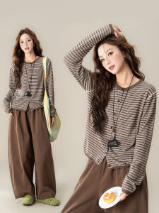 Áo Sweater Len Thêu Sọc cổ Tròn Phong Cách Retro Dạo Phố
