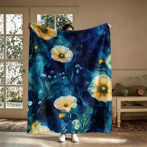 Potdemiel | Deep Navy White FloralsFlannel Blanket Warm Soft Halloween Christmas Couch Warm Cozy Decorative Decor Gift for All Season