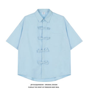 New Chinese Style Butterfly Knot Embroidered Letter Loose Short Sleeve Shirt Men Women INS Pure Color Half Sleeve Trendy Shirt