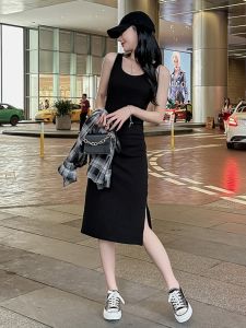 Summer Womens Cotton Casual Slimming Strap Dress Large Size Split Vest Long Black Dress Korean Style Fashionable Sunscreen Sleeve Covers