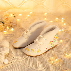 Retro Style Embroidered Slip-On Flats with Fleece Inner for Women in Autumn And Winter Traditional Hanfu Boot Footwear