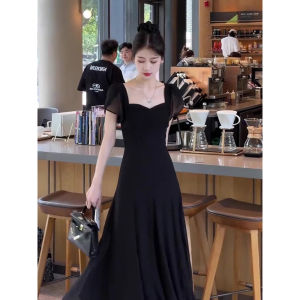 Summer 2025 Hepburn Style Black Mini Dress Slimming Square Neck Long Skirt Womens Fashion Chiffon Dress Polyester Fiber A-Line Skirt Short Sleeve Zipper Closure