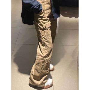 Trendy Utility Style High Waist Wide Leg Jeans Womens Khaki Color Spring Autumn Design Sense Post-Apocalyptic Look Casual Pants