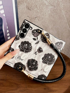 Qirui Ink Painting Camellia for Samsung Z Folder 6 Phone Case Flip Leather Case Zflod5 Foldable Screen with Cross Body Lanyard W24 Womens All-Inclusive Hinge Center Shaft Protective Cover Smart Sleep