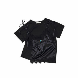 1JINN STUDIO | Fake Two-piece Asymmetric Structure Shiny Lace Adjustable Straps Slim-fit Basic T