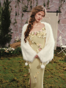 French Style Heavy Knit Floral LaceMade Green Split Dress Sleeveless V-Neck Womens Summer Dress Travel Suitable