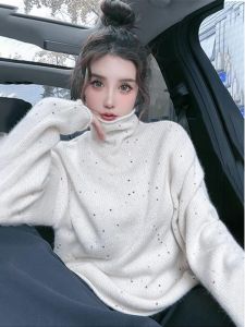 WANGGONGZHU | Shiny Sequin High Collar Knit Sweater Womens Loose Fashionable Autumn Winter Warm Thicken Hoodie Princess Style Long Sleeve