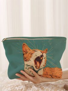 1 cat patterned corduroy makeup bag lightweight zipper makeup storage box multifunctional bag with lining