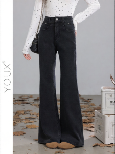 YOUXIANG | Quần Jeans Đen Phong Cách Retro Dây Nịt Cao Giúp Gầy
