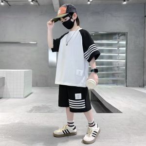 Boys Summer Outfit Set Short Sleeve Sporty Stylish Polyester Fiber Korean Style Childrens Clothing for Ages 1-12 Years Old
