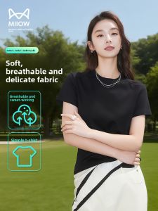 MiiOW | Slim Fit Womens T-shirt Round Neck Short Sleeve Lightweight Breathable Catman American Style Shoulder T-shirt Summer New Arrival