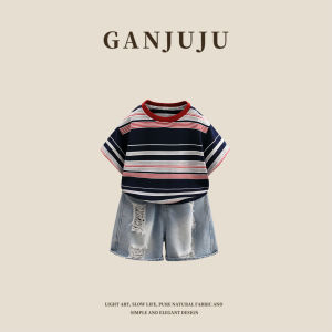 BOGUXIONG | Striped Short Sleeve Denim Set Boys Lightweight Two Piece