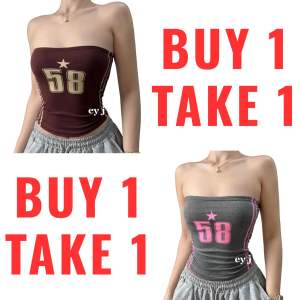 2PCS AURA Star 58 Tube Graphic Semi Crop Top Y2k 90s Womens Streetwear Garterize on Back Sleeveless Cotton Spandex