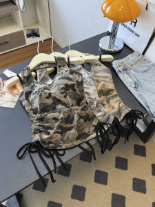 GUZILIAN | Áo vest không tay in họa tiết camouflage phong cách Mỹ có đệm ngực cho nữ mùa hè mới dây rút bên hông Áo vest gợi cảm