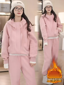 Fashionable Sportswear Set Womens Autumn Winter Hooded Jacket Zipper Casual Pants Fleece Lined Two Piece Set European Style