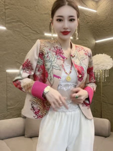 New Chinese Style Womens Jacket Spring 2025 Loose Fit Printed Splicing Button down Shirt Age Reducing Slimming Outerwear