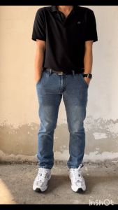 MEDIA JEANS กางเกงยีนส์ผู้ชาย ทรงกระบอก BASIC กระเป๋าเฉียง ผ้าไม่ยืด สีน้ำเงิน (SN: M802/2)