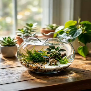 Bể Cá Thủy Tinh Tròn Miệng Sóng B18 - Chậu Nuôi Cá Cảnh Trồng Cây Thủy Sinh Để Bàn Cao Cấp