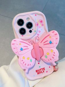 Pink Butterfly Silicone Phone Case Stand Full Protection for  14 Promax 13 New Model 11 Female 12 Mini  Style 7 8 plus XR SE2