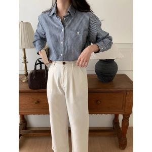 W. Shop เสื้อผ้าแฟชั่นผู้หญิง เสื้อเชิ้ตลายทางสไตล์เกาหลี สไตล์เรียบง่าย