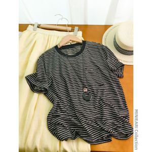XIAOER | Strong Texture Linen Color-woven Striped Crew Neck Short Sleeve Womens T-shirt