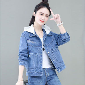 Trendy Anti-Aging Long Sleeve Hooded Denim Jacket Womens Loose Casual Versatile Mom Top Fall New Arrival Button Pocket Detail