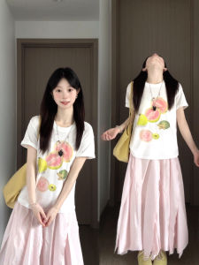 XIANGBAIWEI | Snow Cotton Pitsaya Patterned Loose Round Neck T-Shirt
