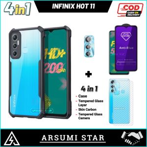 PAKET MURAH 4 IN 1 CASE INFINIX HOT 11 CASING TRANSPARANST + ANTI GORES LAYAR + SKIN CARBON + SKIN CAMERA LENS