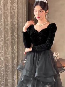 DINNER DRESS Black Temperament Long Sleeve Long Korean Evening Dresses 黑色金丝绒气质晚宴连衣裙优雅大气
