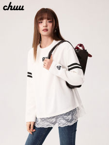 Chuu Embroidered Long Sleeve T-Shirt Womens Spring New College Style Lace Trim Patchwork Heart Print Casual Korean Loose Fit