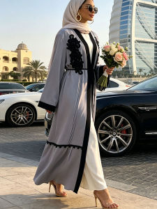 Dubai Luxury Open Abaya Grey Black Lace Embroidery Belt Long Cardigan Kimono Islamic Modest Wear Muslim Women Robe