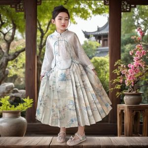 New 2024 Chinese Style Childrens Hanfu Costume Set Girls Horse Tail Skirt Two-Piece Outfit Spring Autumn Middle Large Size