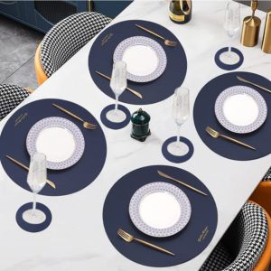 1/4/6 Sets Navy Gift Placemats and Coaster Set Insulation Round PU Leather Mat Oil-Proof Waterproof Table Place Mats for Coffee