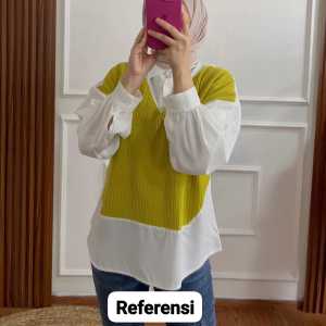Atasan blouse wanita bahan knit premium mix polo linen/kemeja blouse kekinian