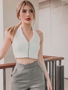 Solid Color Zip-Neck Sleeveless Vest Fashionable Pure Color Zipper Neck Short Style Womens Vest for Young Professional Women