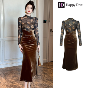 Happy Diva เดรสผู้หญิง เดรสสีกาแฟ เดรสหางปลา เดรสกำมะหยี่ เดรสทำงาน เดรสไฮโซ เดรสวินเทจ เดรสออกงาน เดรสปาร์ตี้ ชุดราตรี 21076