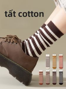 JINGCHI | Tất cotton dày dặn đến giữa bắp chân cho nữ Tất kẻ sọc ngọt ngào không đường may Tất cotton nguyên chất mùa đông dày dặn Tất mỏng không đường may