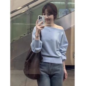 BINKAFENNY | Korean Style Short Knitted Sweater Asymmetrical Shoulder Design Chic Top For Women Autumn Commute Fashion Casual Long Sleeve