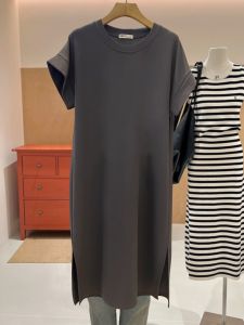 Loose Casual Short Sleeve Pure Color Womens T-Shirt Dress Summer Slimming French Style Long Skirt Cotton Polyester Blend