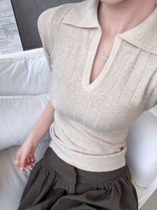 CHOEFULYN | Trim Fit Polo Neck 5/8 Sleeve Knitted Blouse